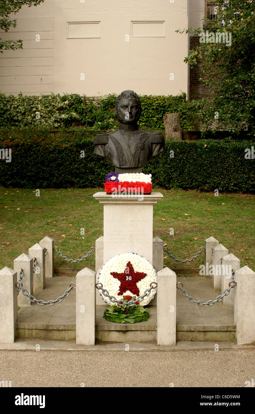 Wreaths laid at a memorial statue of Chilean independence leader Bernardo O'Higgins Riquelme to honor his birthday Stock Photo