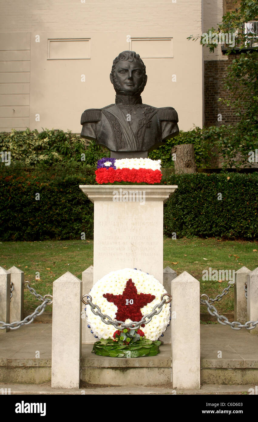 Wreaths laid at a memorial statue of Chilean independence leader Bernardo O'Higgins Riquelme to honor his birthday Stock Photo