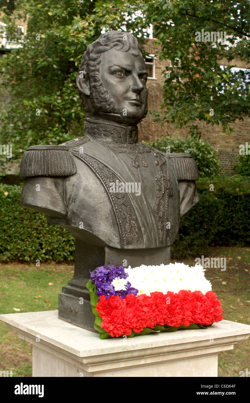 Wreaths laid at a memorial statue of Chilean independence leader Bernardo O'Higgins Riquelme to honor his birthday Stock Photo