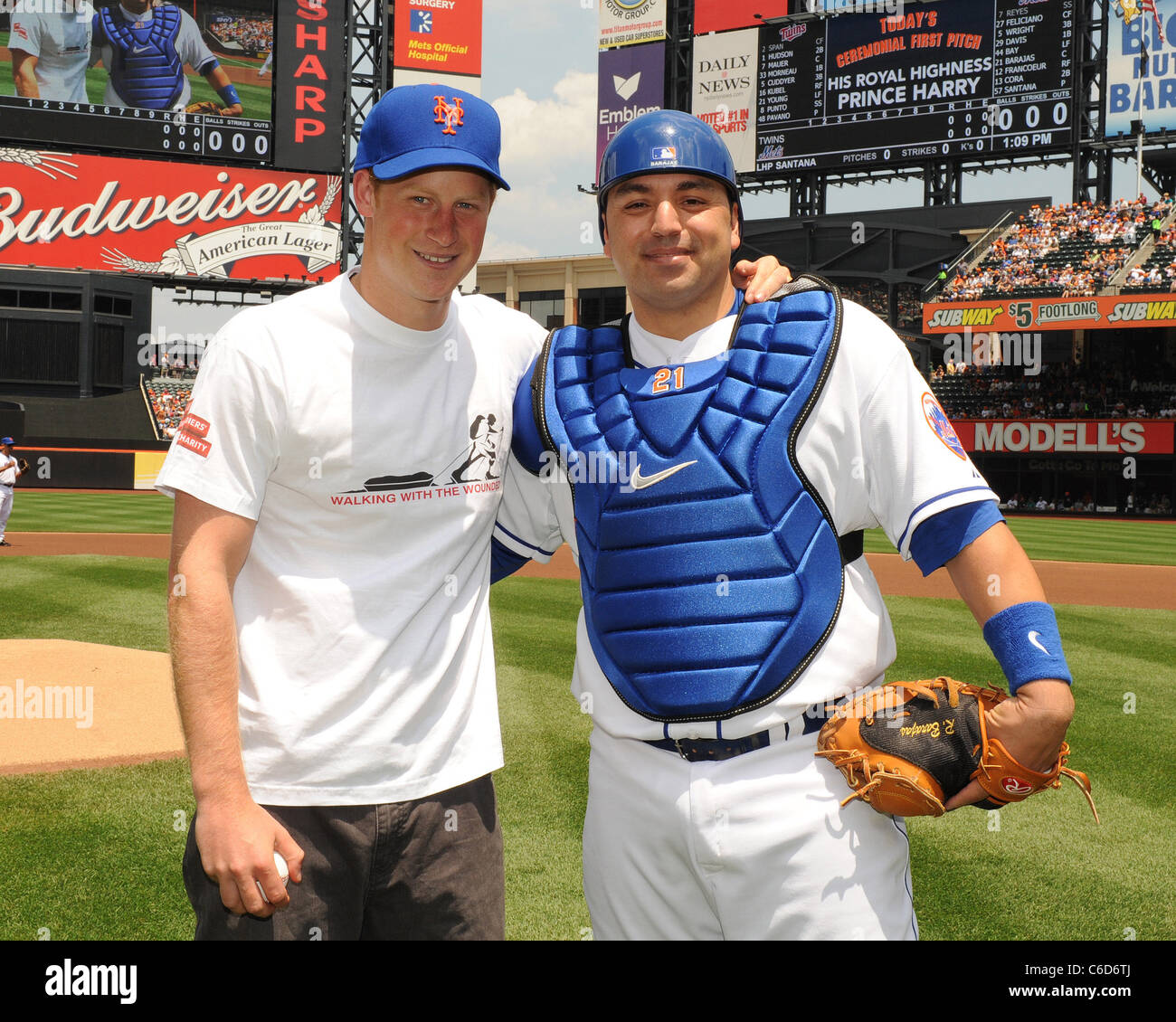 Prince Harry and Rod Barajas pose for photographs at the NY Mets vs Minnesota Twins baseball game held at Citi Field New York Stock Photo