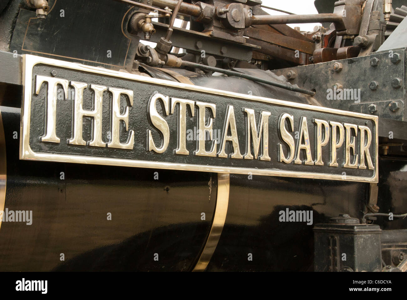 Close up of the name plate of a traction engine called The Steam Sapper Stock Photo