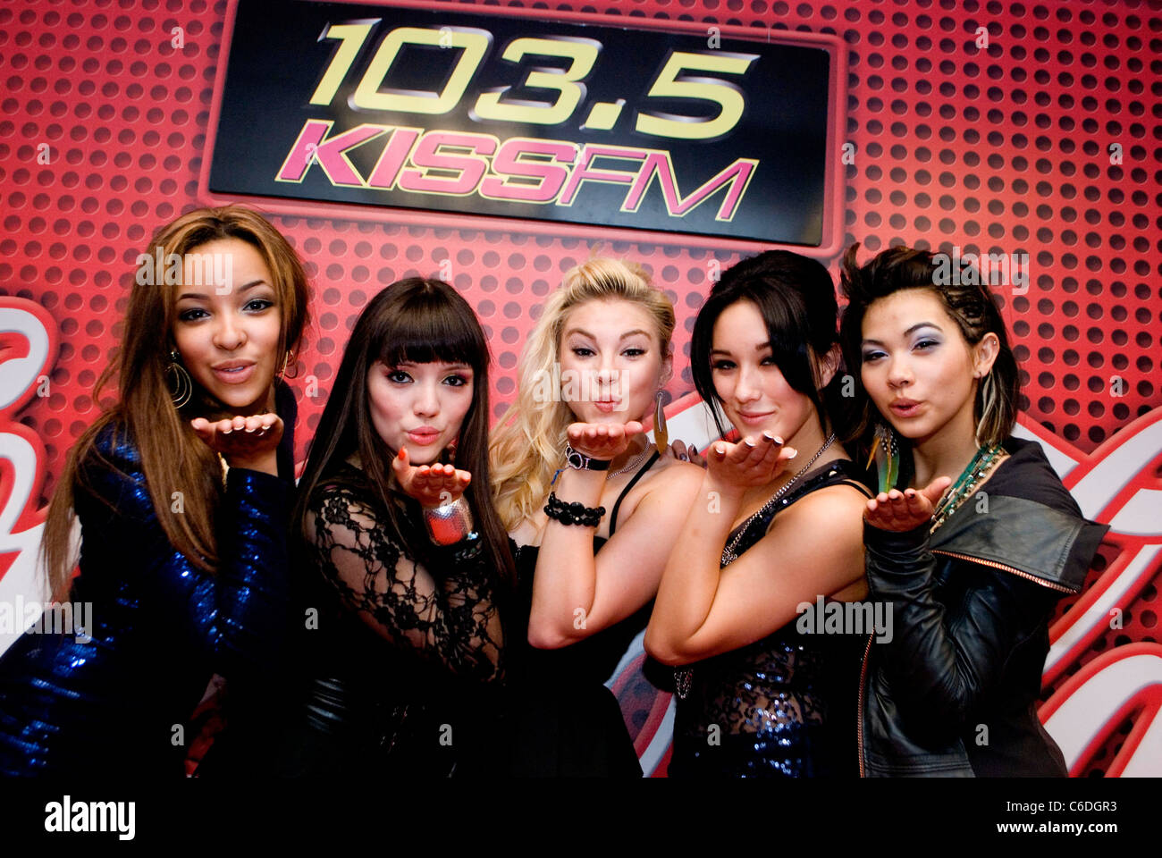 Tinashe Kachingwe, Marisol Esparza, Allie Gonino, Lauren Hudson and Hayley Kiyoko The Stunners perform at 103.5 KISS FM Stock Photo