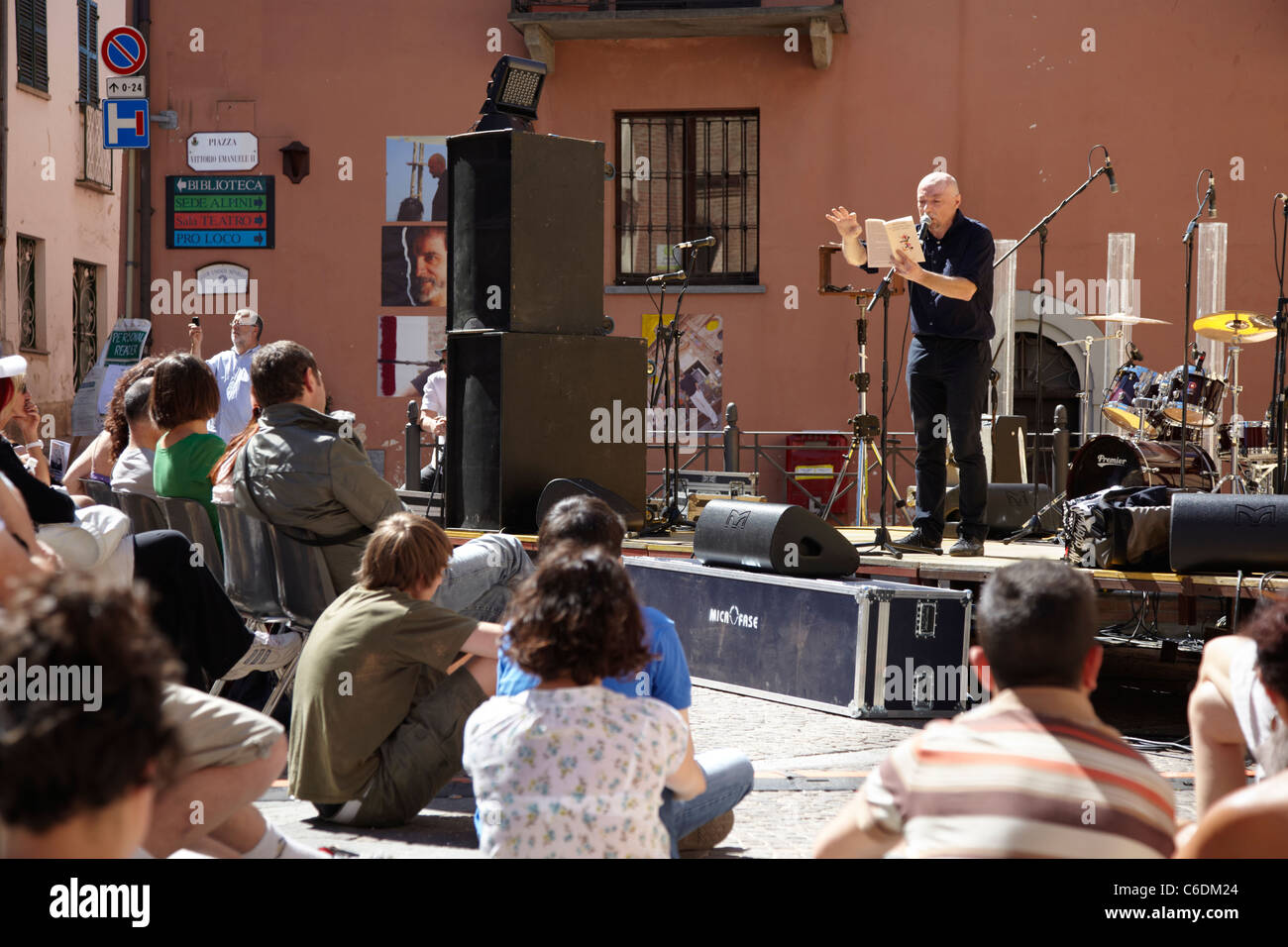 NOVELLO, ITALY - MAY 28: Writer Hanif Kureishi speaks at Collisioni 2011 on May 28, 2011 Novello, Italy. Stock Photo