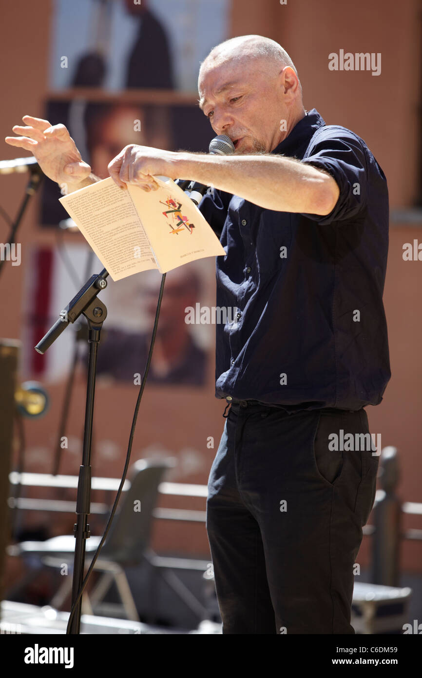 NOVELLO, ITALY - MAY 28: Writer Hanif Kureishi speaks at Collisioni 2011 on May 28, 2011 Novello, Italy. Stock Photo
