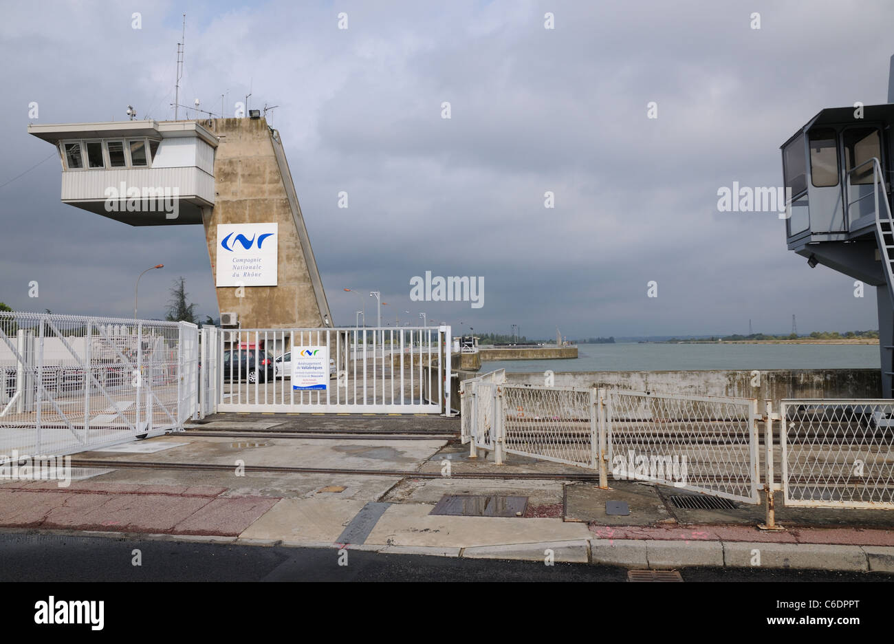 Control tower on barrage dam on river Rhone France south of