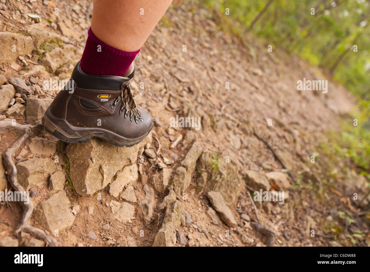 APPALACHIAN TRAIL, VIRGINIA, USA Closeup of hiking boot and leg on