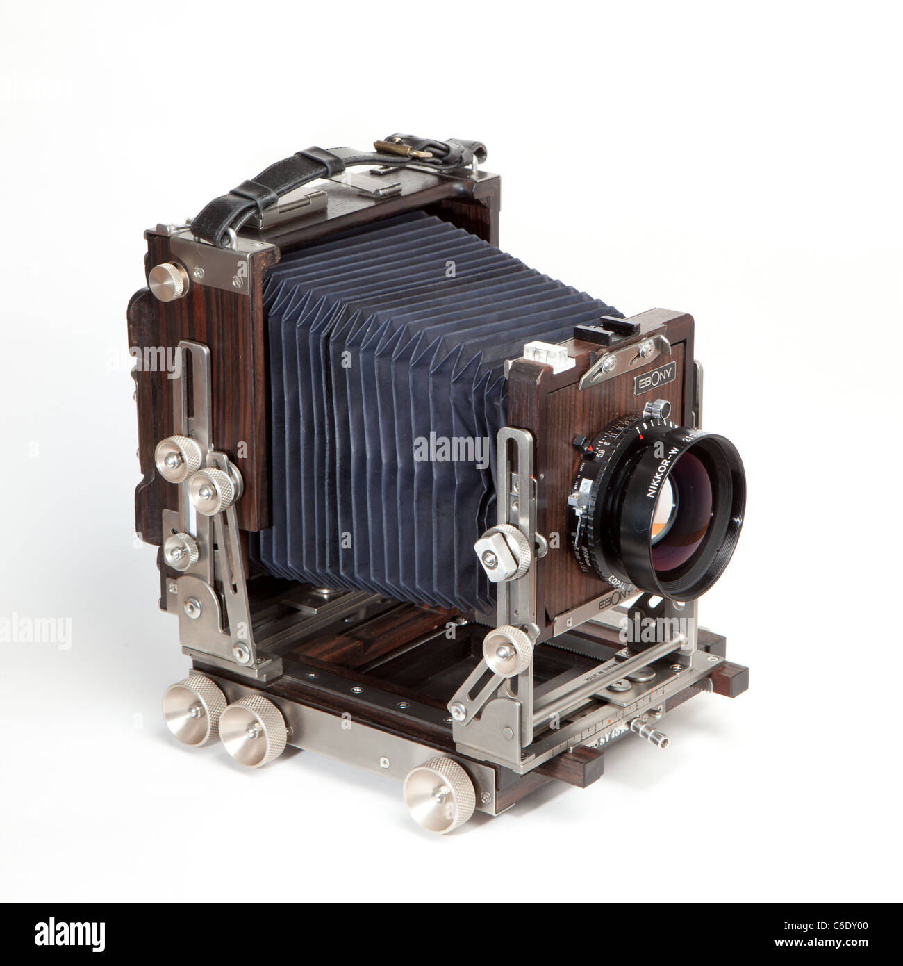 view camera, large format camera, field camera, lf camera, 4x5 camera with movements on white background Stock Photo