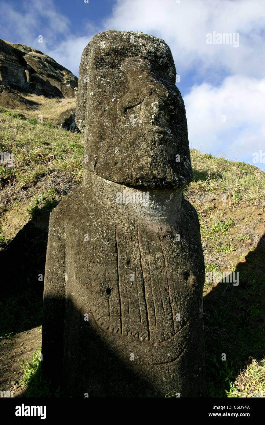 Partially buried moai statues at Rano Raraku, the Moai quarry. Rapa Nui
