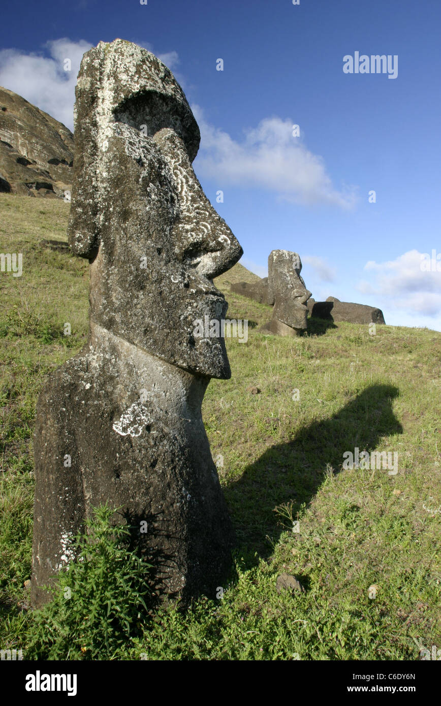 Buried moai statues at Rano Raraku the Moai quarry. Rapa Nui, Easter