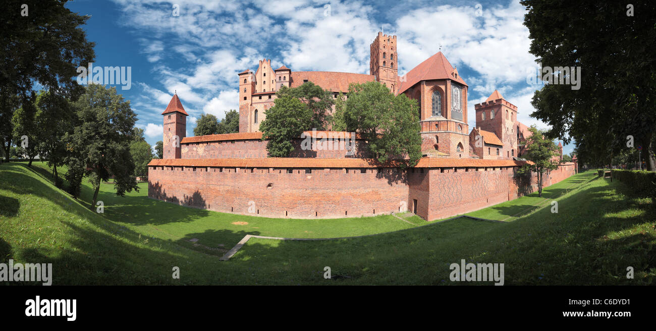 Panoramic view of the Teutonic Order’s castle in Malbork from its south side. Multi row panorama with 215 gr. horizontal FOV. Stock Photo