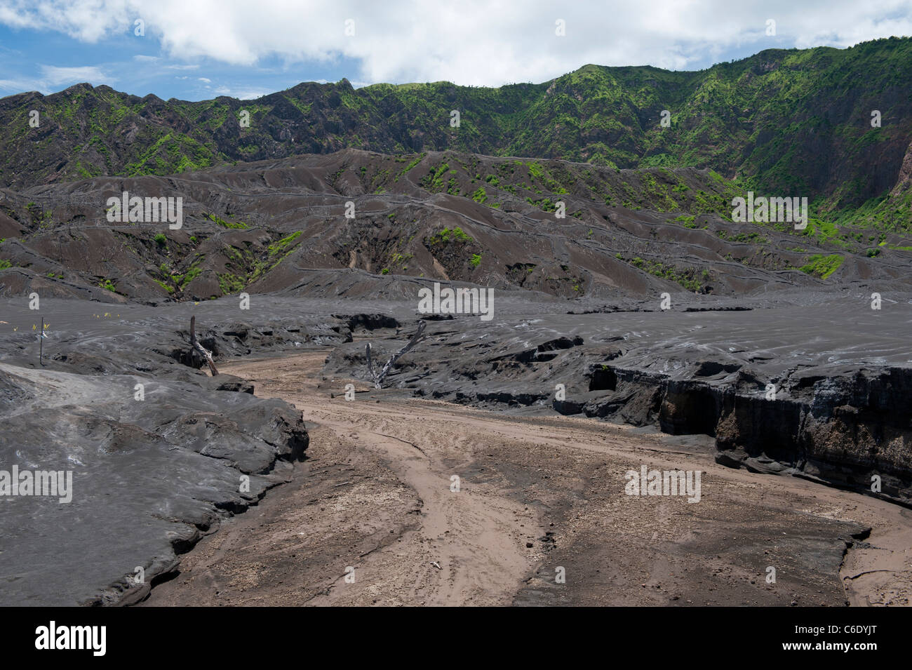 Ash, Volcanic Rock and Lava Flow that has completely covered Rabaul Airport near the base of Tavurvur Volcano, East New Britain, Stock Photo