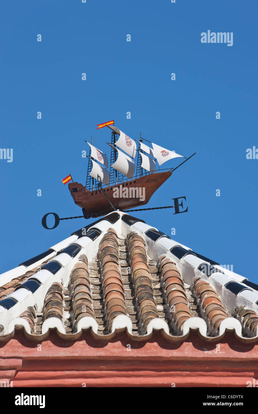 Malaga, Malaga Province, Spain. Wind vane depicting 15th or 16th century Spanish ship on roof of Church of Santo Domingo. Stock Photo