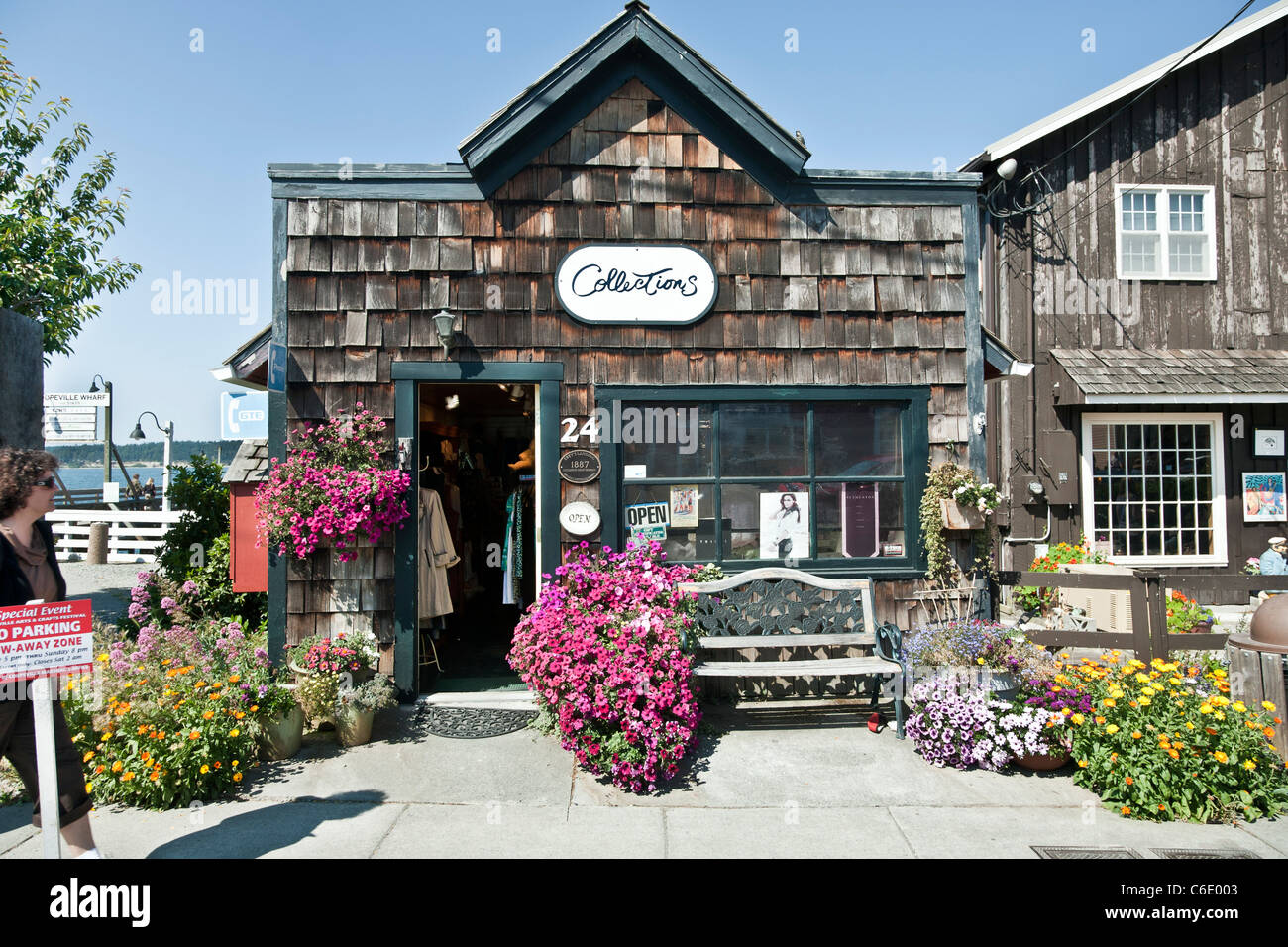 picturesque historic old wooden buildings now used as gift shops in