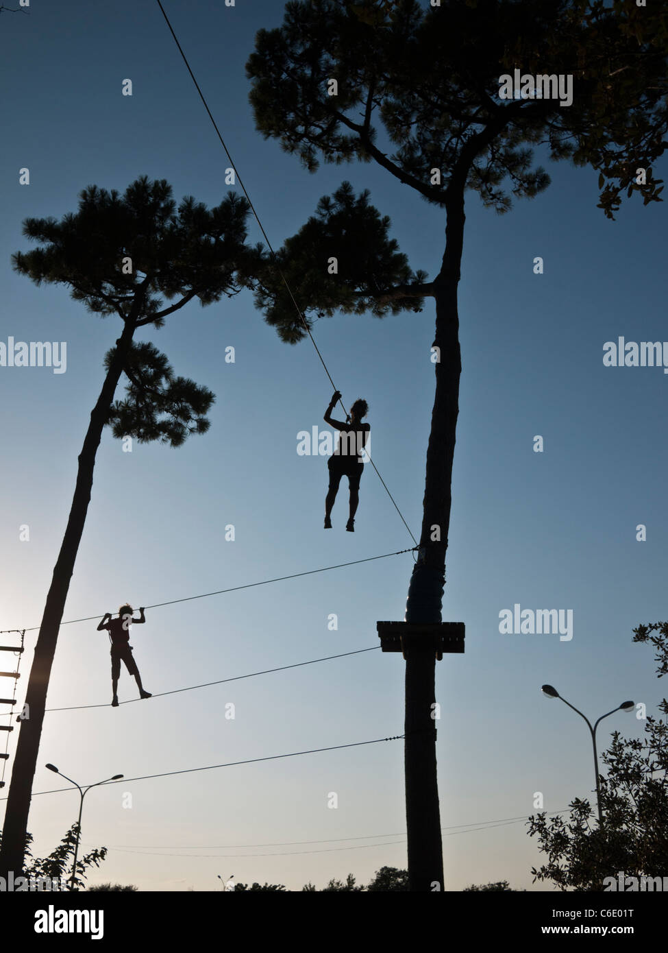 High wire, aerial adventures in the forest, tightrope walking fun