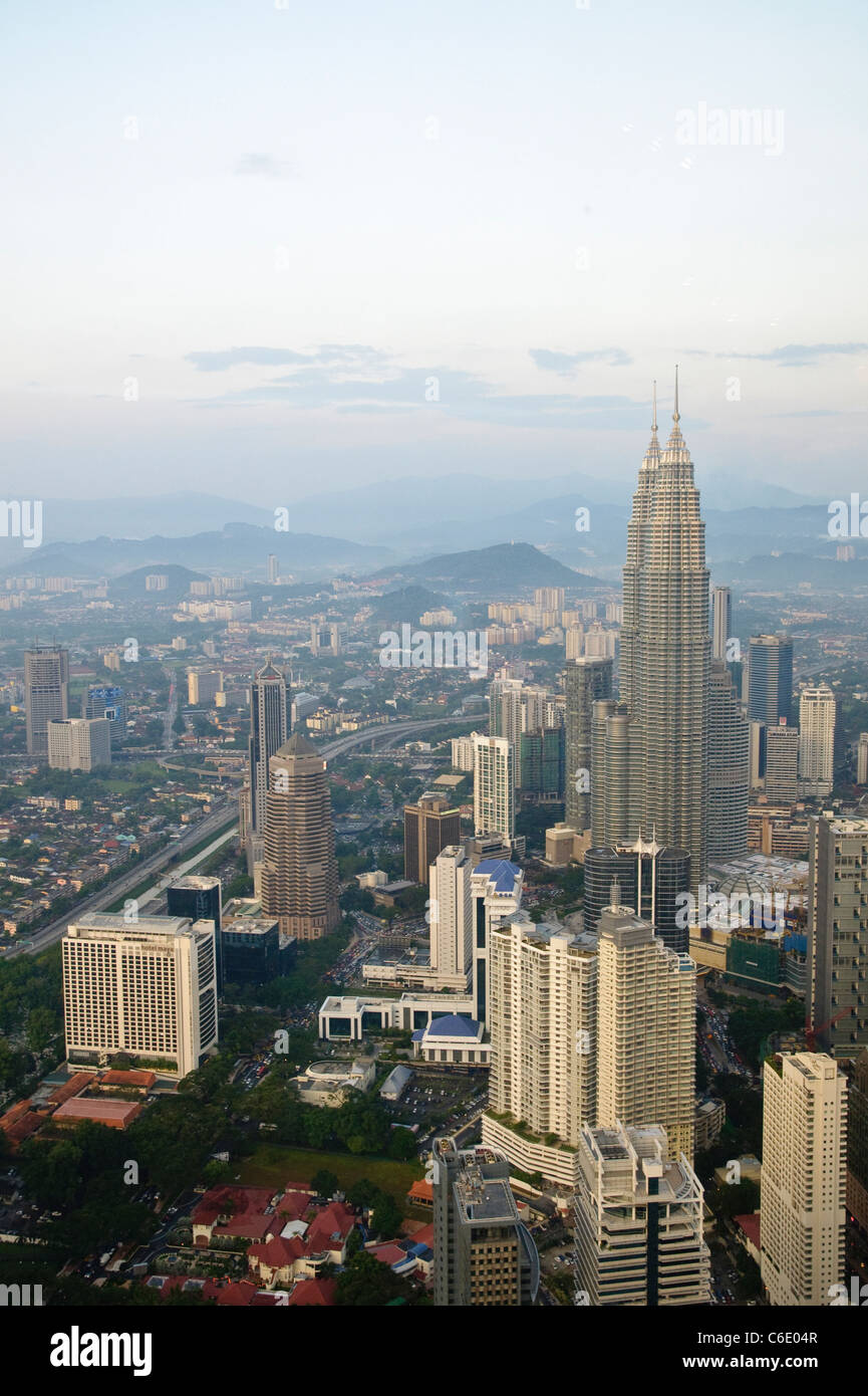 Petronas Twin Towers, view from Menara TV Tower, fourth largest telecommunications tower in the world, Kuala Lumpur, Malaysia Stock Photo