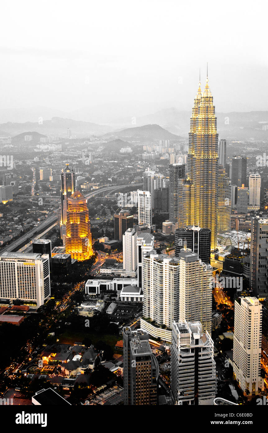 Petronas Twin Towers, view from Menara TV Tower, fourth largest telecommunications tower in the world, Kuala Lumpur, Malaysia Stock Photo