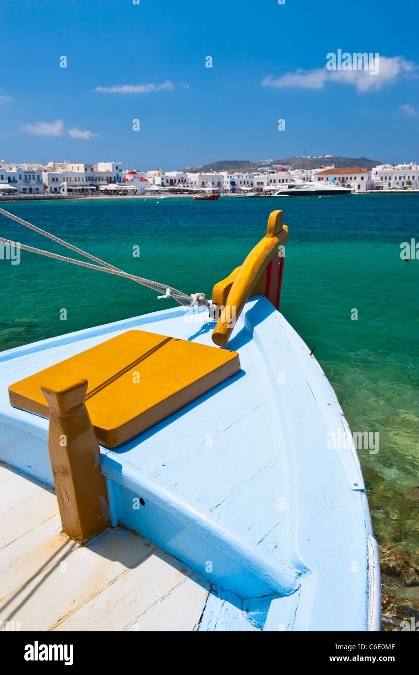 Greece, Cyclades Islands, Mykonos, Fishing boat in harbor Stock Photo