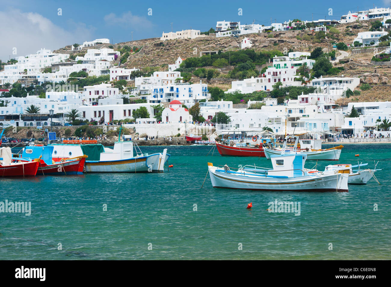 Greece, Cyclades Islands, Mykonos, Fishing boats in harbor Stock Photo