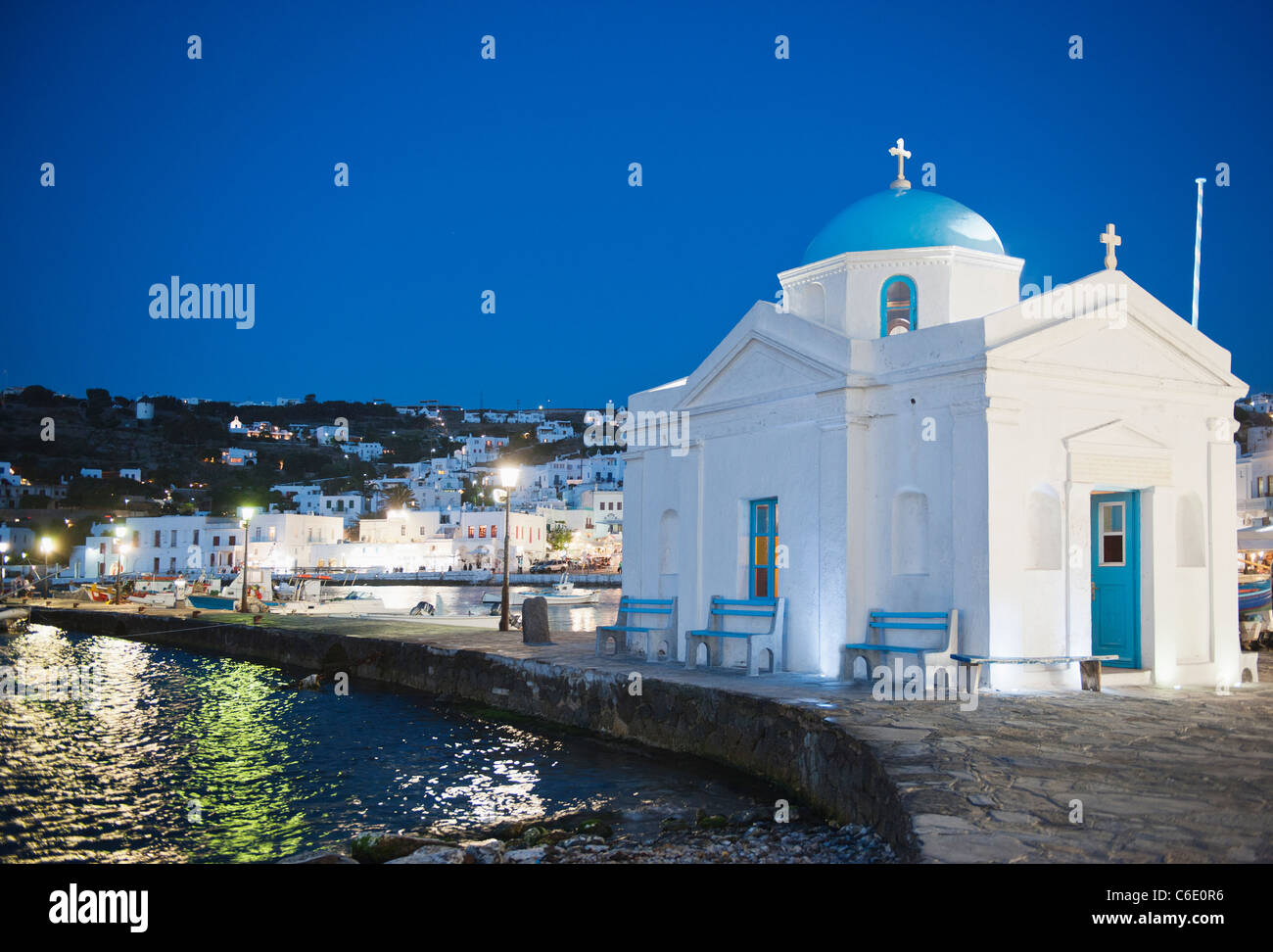 Greece, Cyclades Islands, Mykonos, Church in harbor Stock Photo