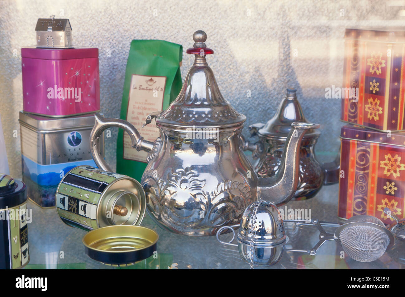 Tea making accessories in speciality shop window, Malaga, Malaga Province, Spain. Stock Photo