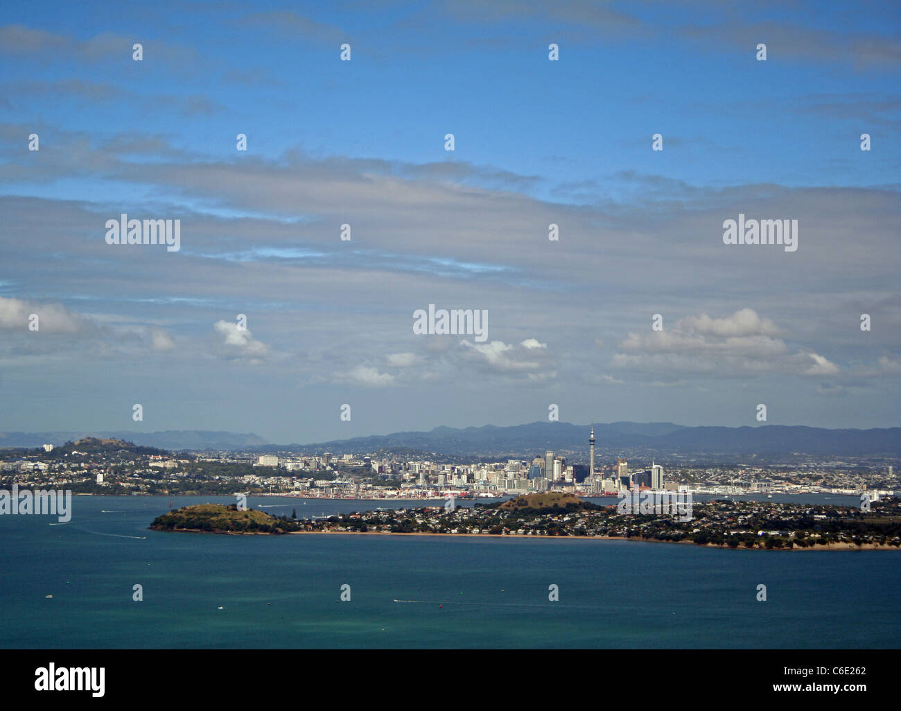 The Auckland skyline, taken across Devonport from Rangitoto Island Stock Photo