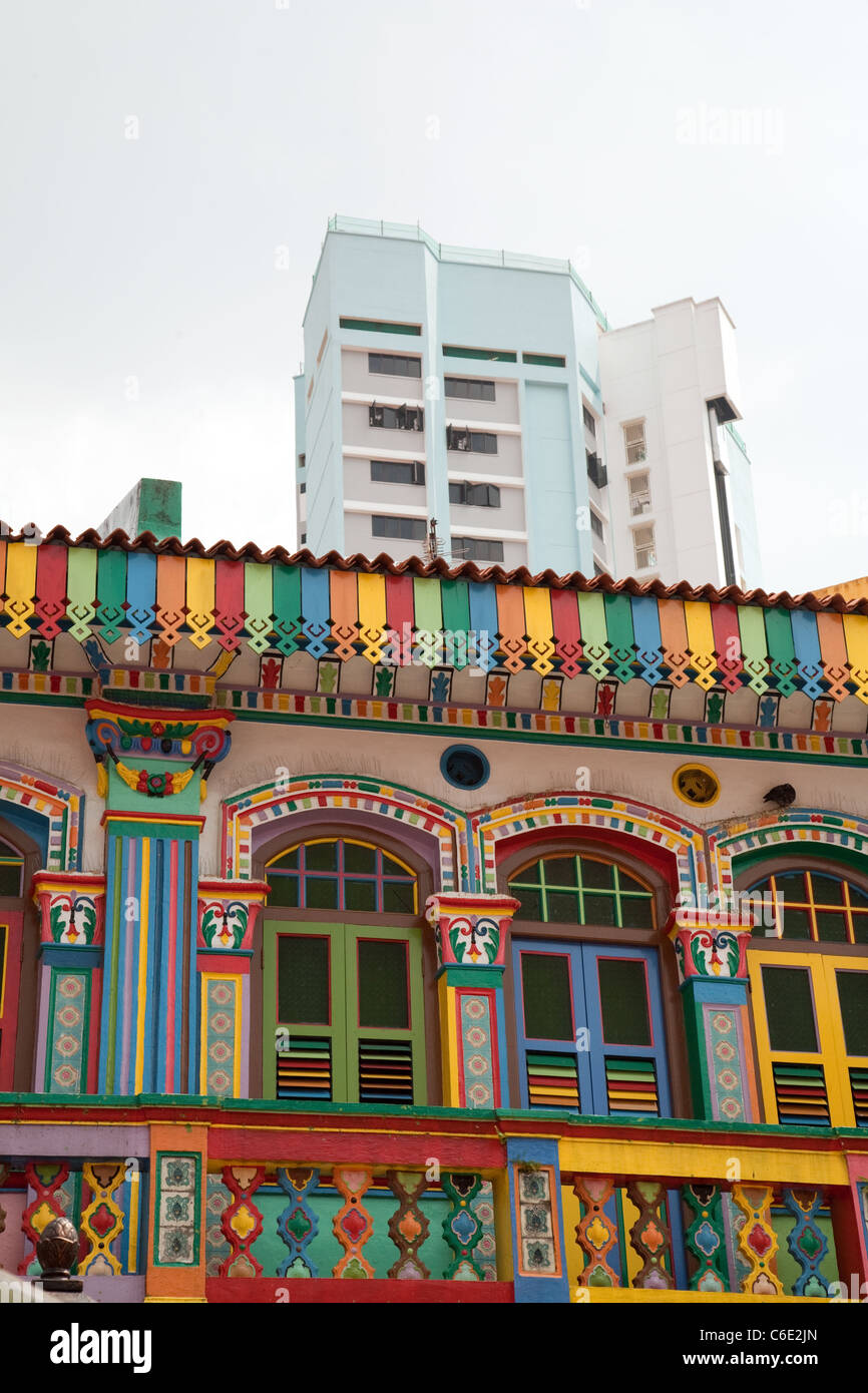 Ancient and modern, old and new buildings - contrast in Little India, Singapore Asia Stock Photo