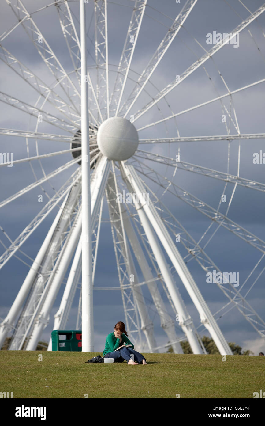 A young woman reading a book under the giant ferris wheel, The Hoe, Plymouth, Devon, England, UK. Stock Photo