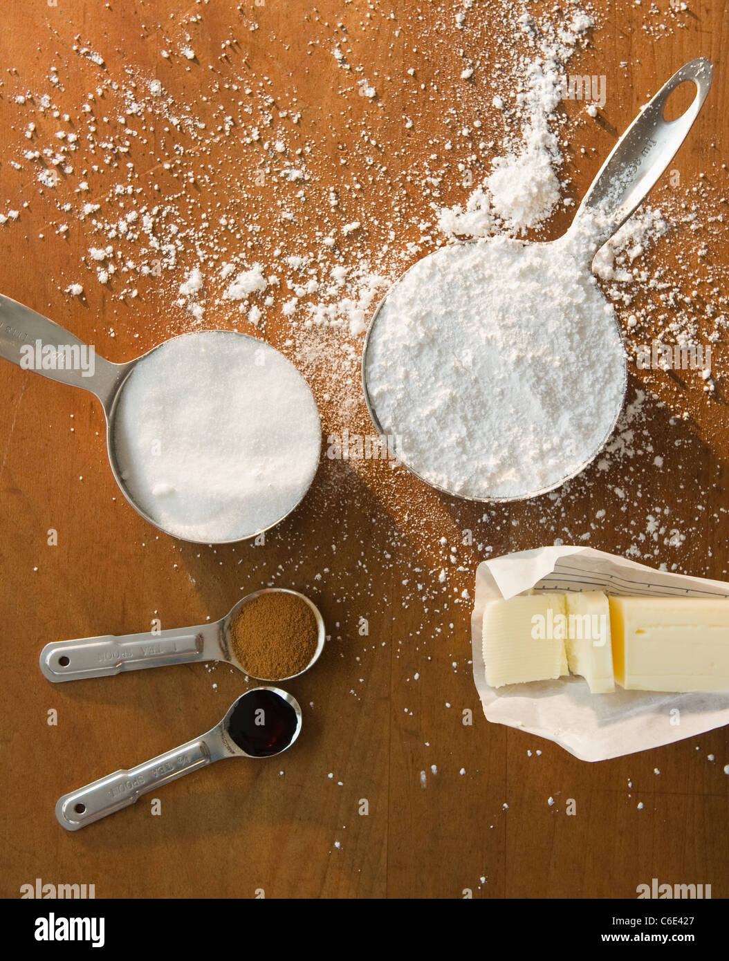 Close up of flour and baking ingredients Stock Photo
