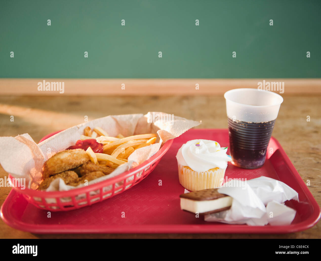 USA, New Jersey, Jersey City, Close up of unhealthy meal on tray Stock Photo