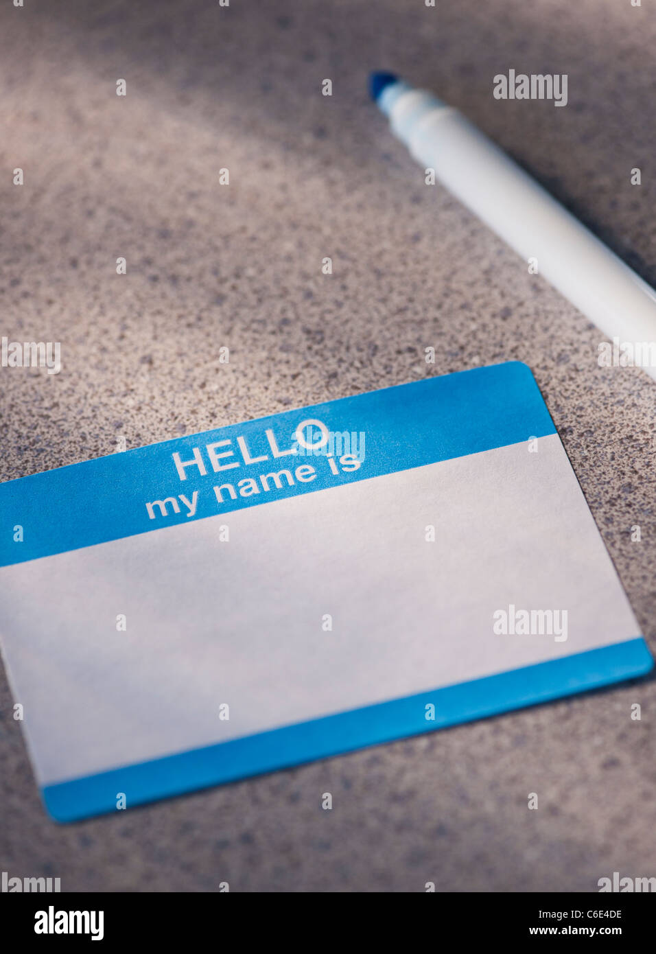 Close up of blank name tag and pen Stock Photo