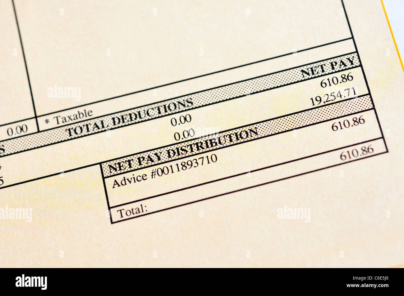 Closeup of  paycheck - total deductions Stock Photo