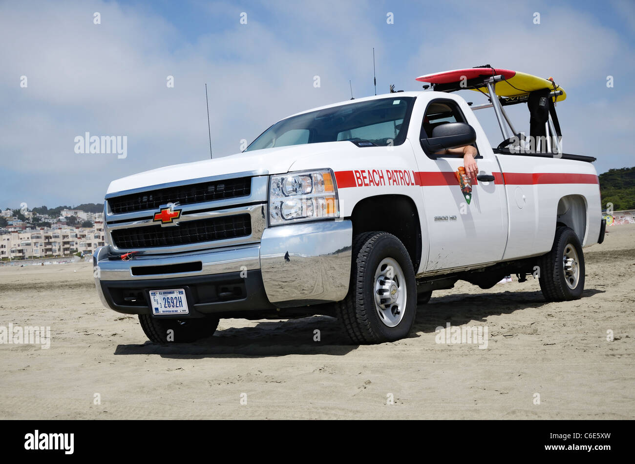 Front three quarter view of a National Park Service Beach Patrol Vehicle on Ocean Beach in San Francisco. FOR EDITORIAL USE ONLY Stock Photo