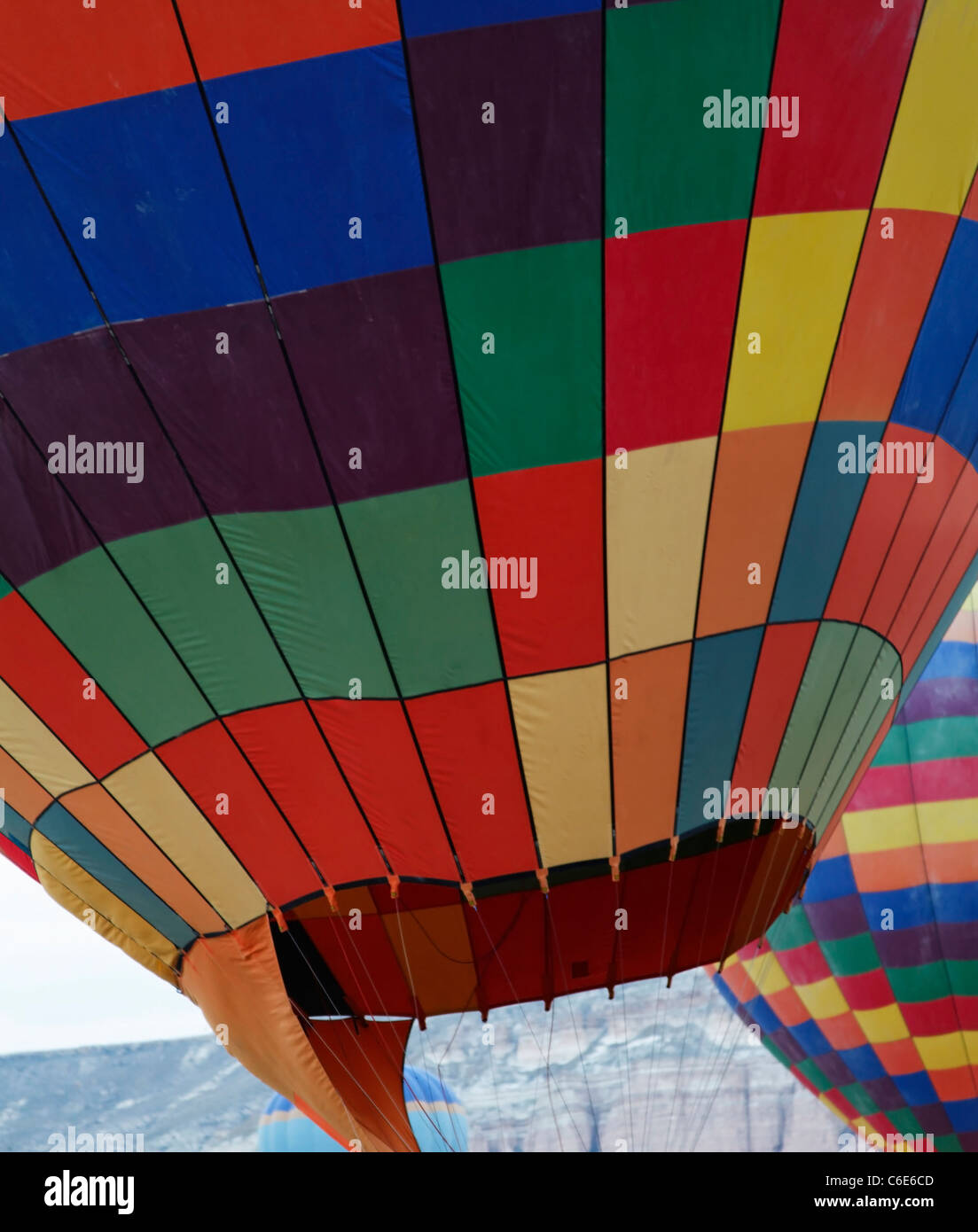 Two on the ground hot air balloons texture, vertical, multi colors and crop space Stock Photo
