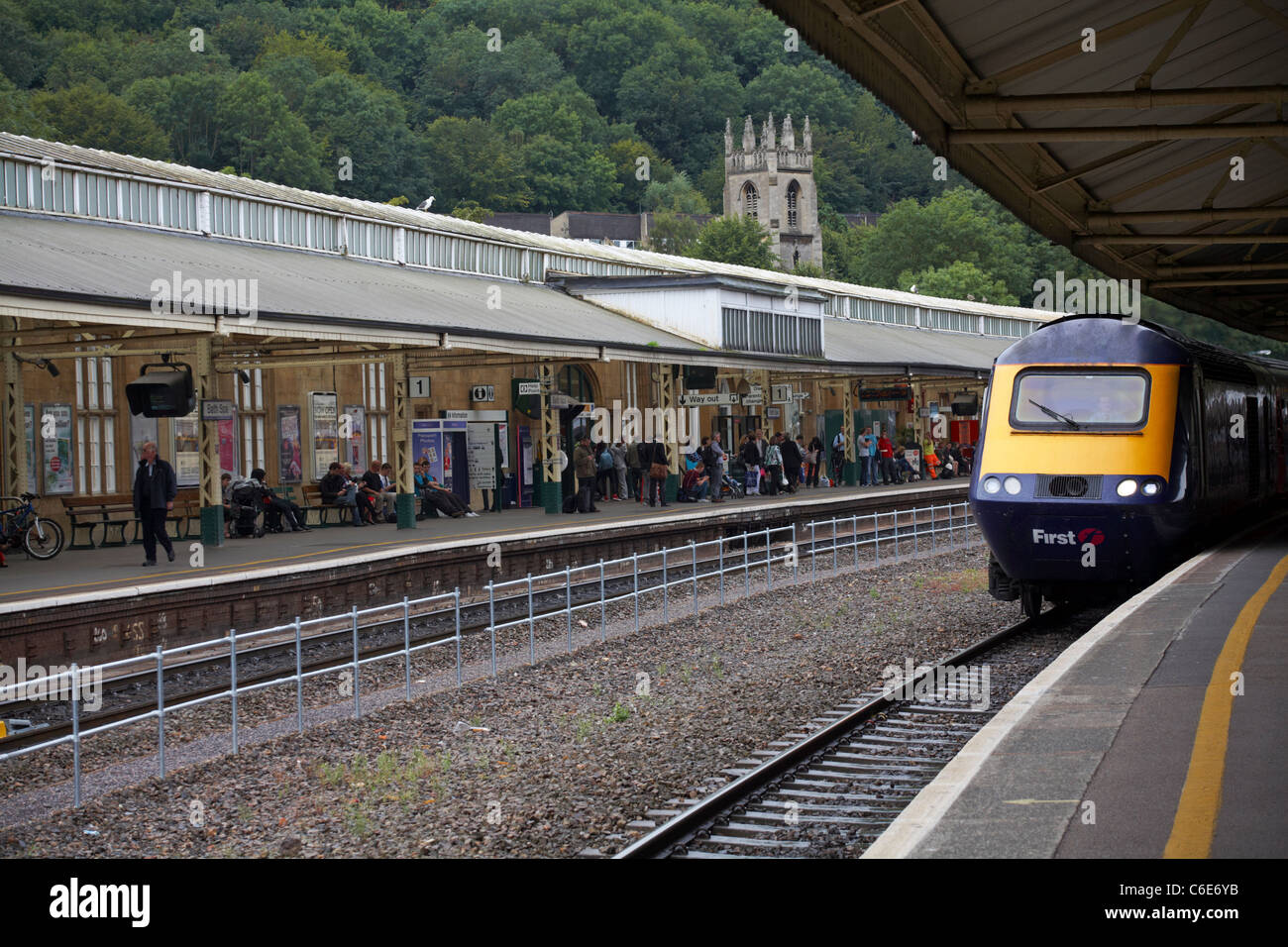 First Great Western train arriving at Bath Spa station, Somerset UK in