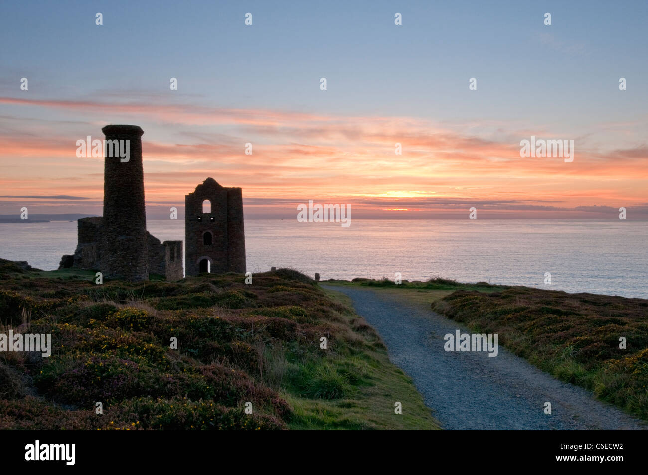Sunset at an old tin mine on the North Cornish coast. Stock Photo