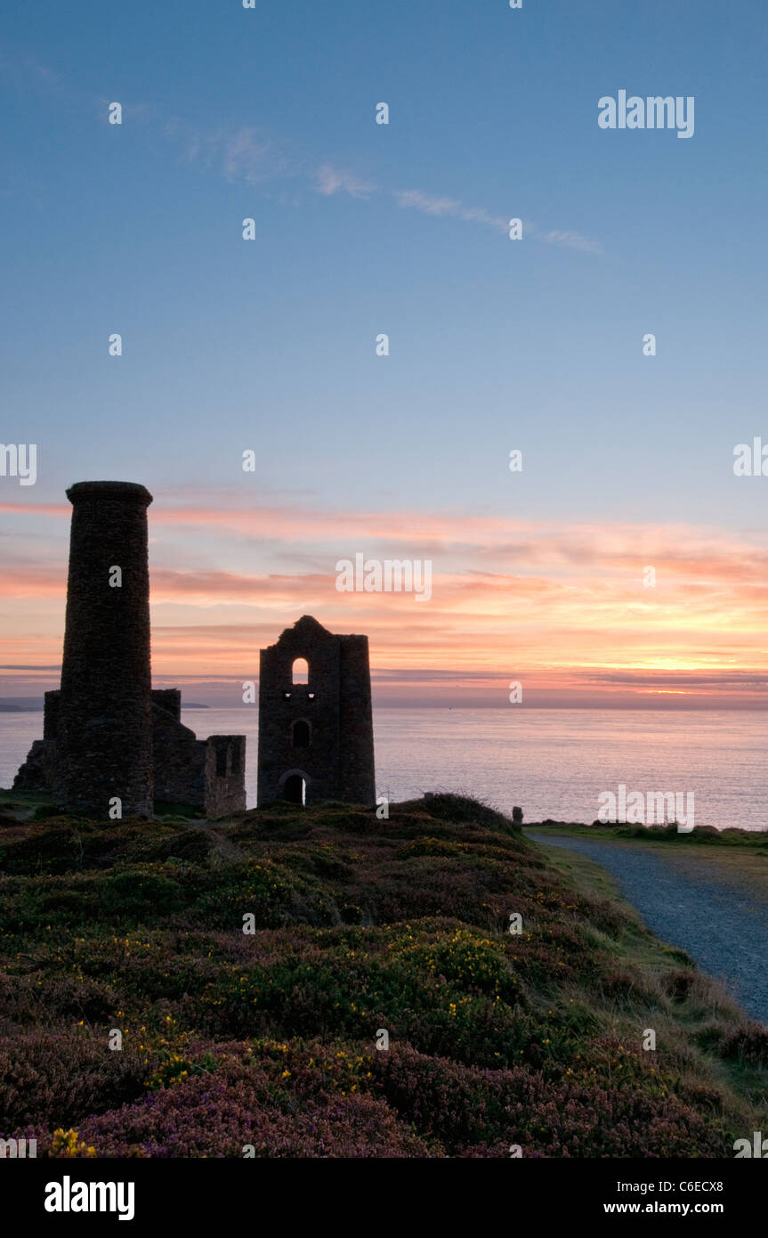 Sunset at an old tin mine on the North Cornish coast. Stock Photo