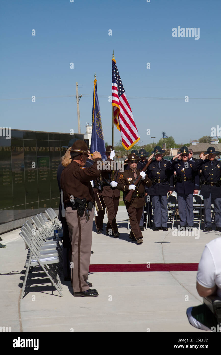 Law Enforcement Memorial ceremony, Grand Island, Nebraska 2011. State Patrol, color guard, honoring the fallen. Stock Photo
