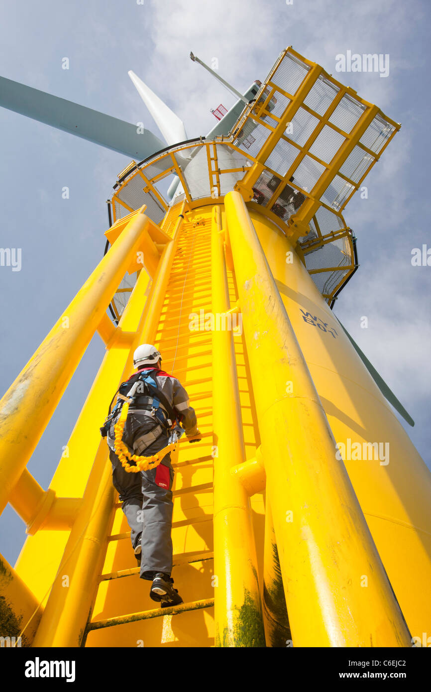 An engineer climbs a transition piece of a wind turbine on the Walney offshore wind farm Stock Photo