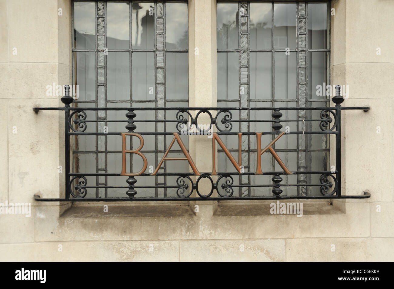 photograph of railings with the word Bank written into it Stock Photo