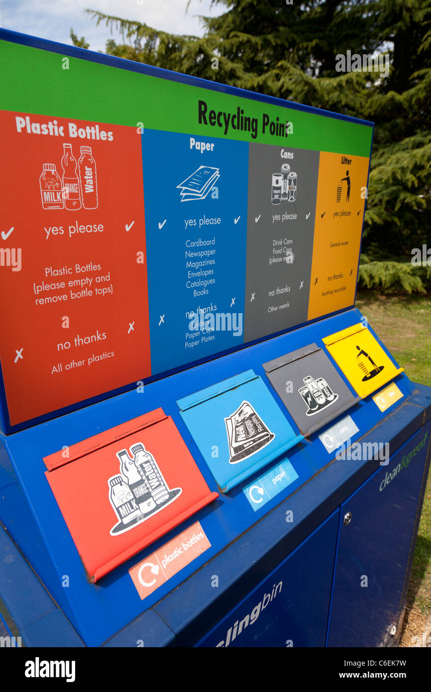Recycling point for bottles paper cans litter Stock Photo Alamy