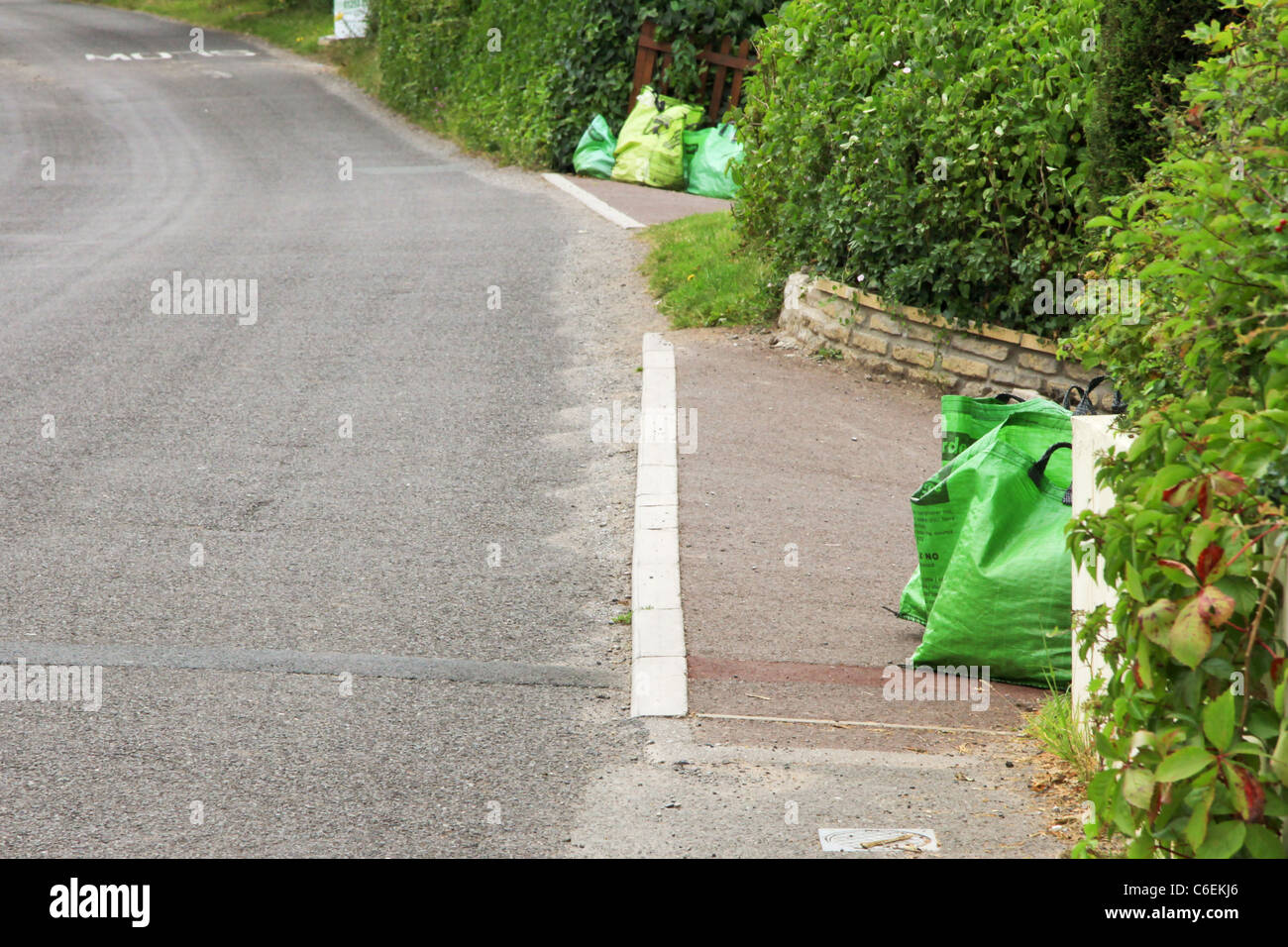 Green garden waste bags on roadside awaiting collection Stock Photo Alamy