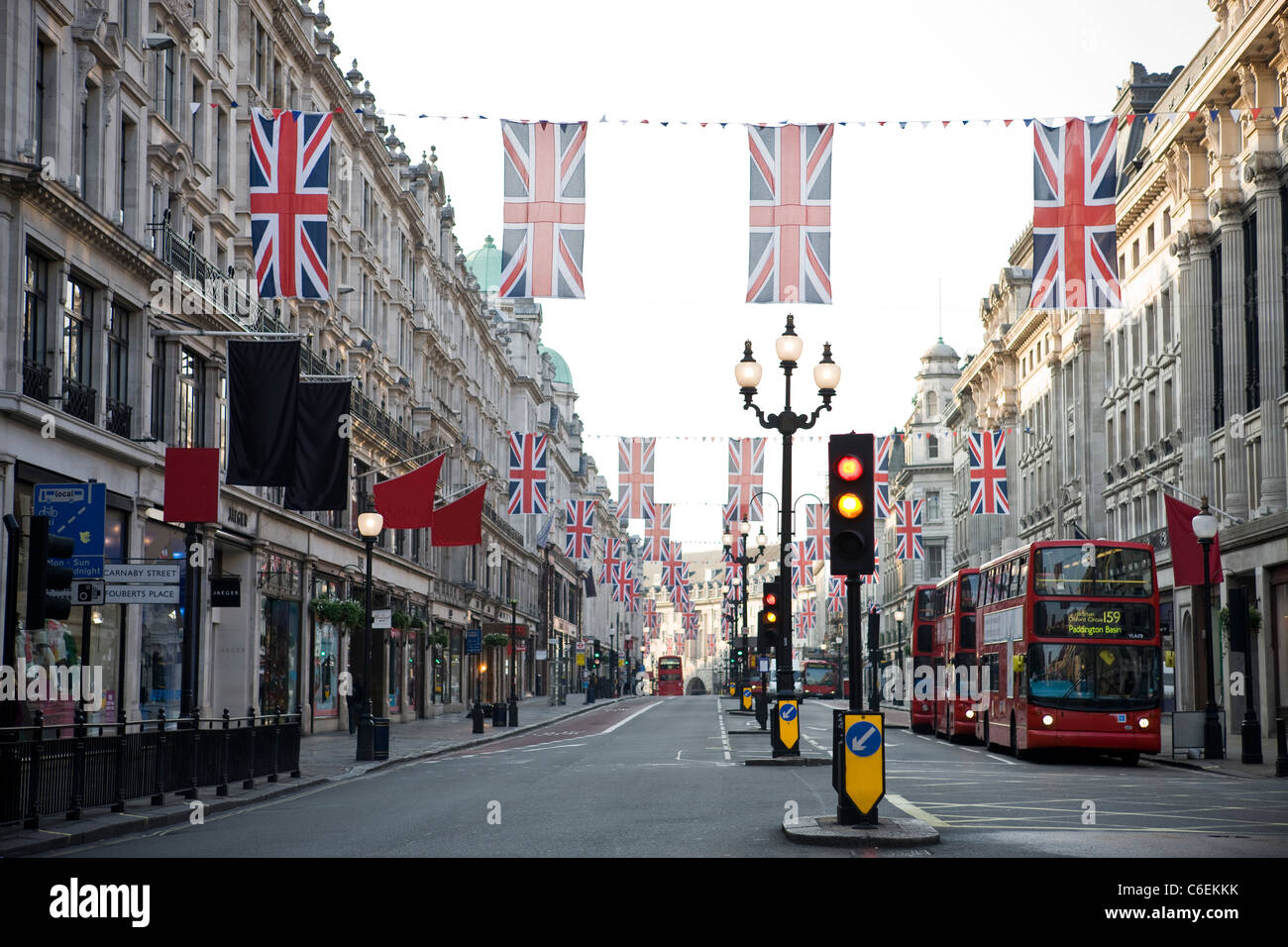 Union jack flags hanging on Regent Street, London Stock Photo