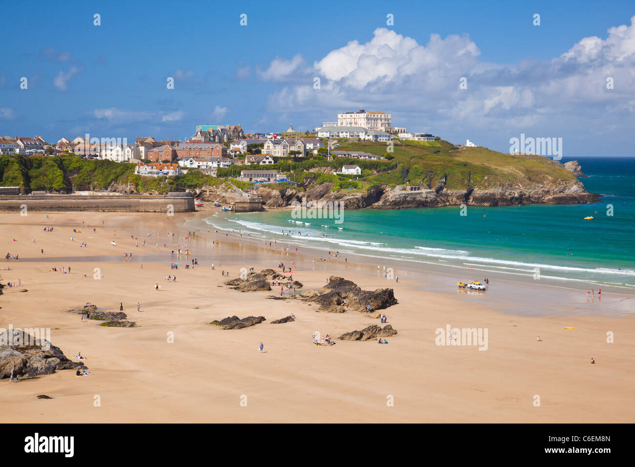 holidaymakers and surfers on the beach at Newquay, Cornwall, England, GB, UK, EU, Europe Stock Photo