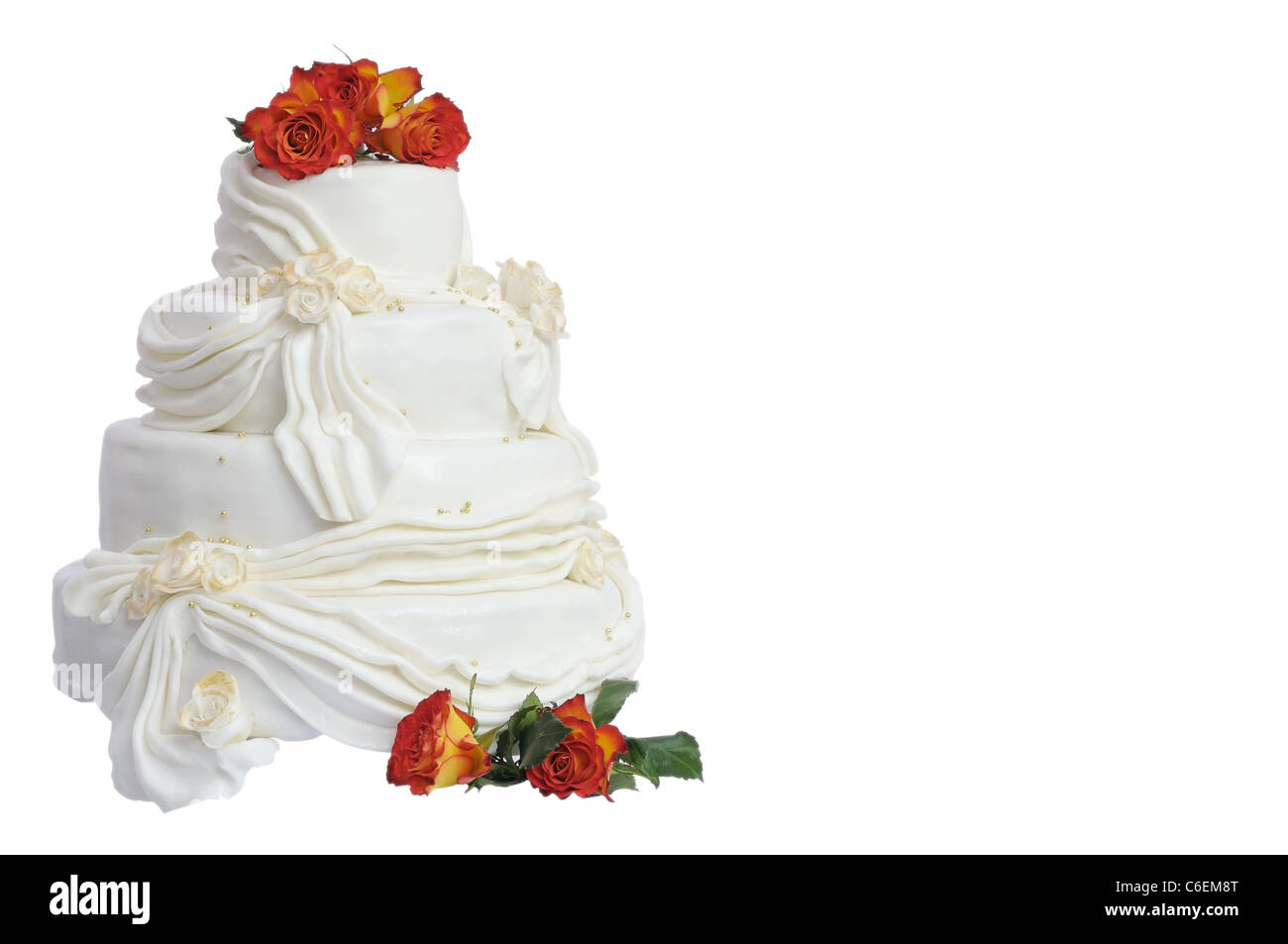 Marzipan Wedding Cake With Natural Roses Isolated On White Stock Photo Alamy