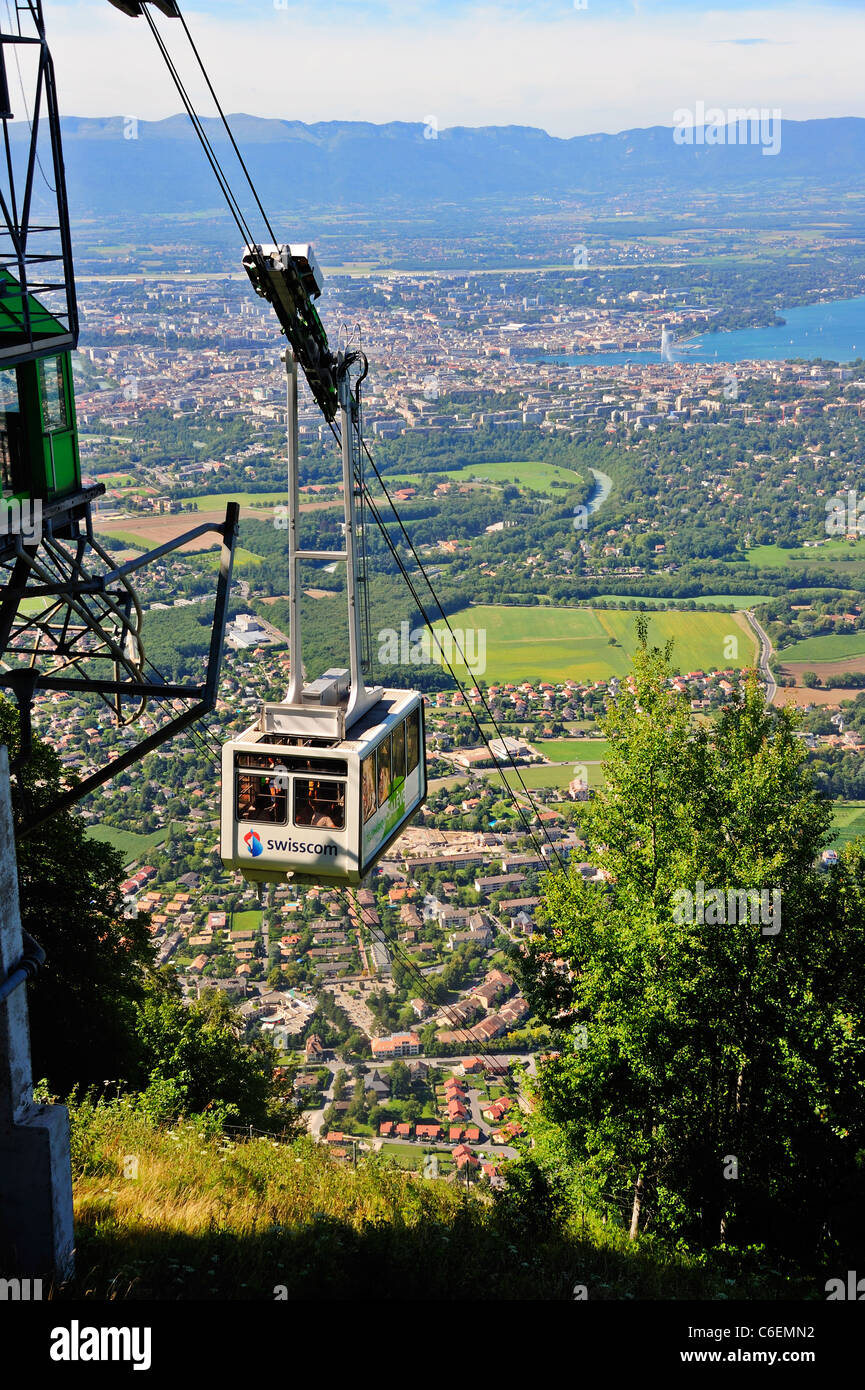 The Saleve cable car, France, with the city of Geneva in the background.  The famous Jet d'Eau upper right Stock Photo - Alamy