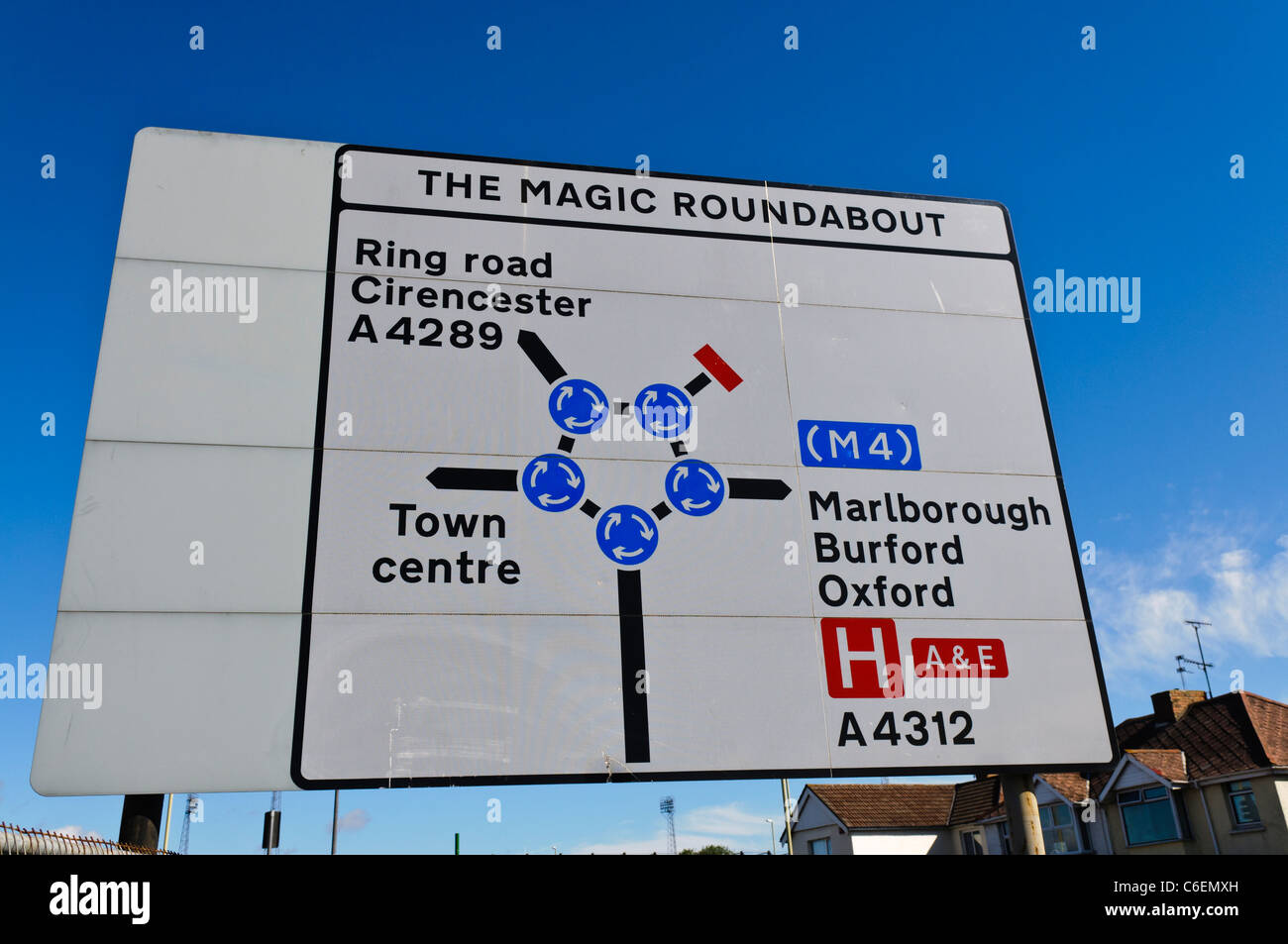 'The Magic Roundabout' in Swindon - a series of 5 small roundabouts making up a larger one. Voted the scariest UK road junction. Stock Photo