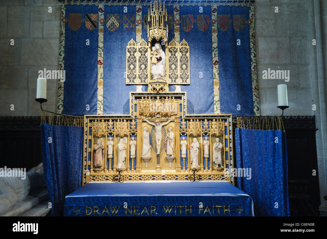 Ornate altar inside Church of St Mary, Fairford, Gloucestershire Stock Photo