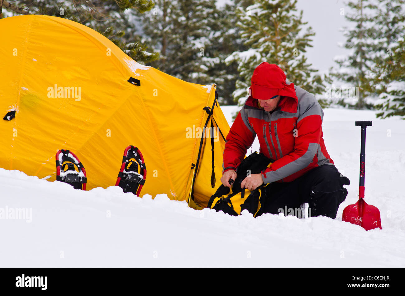 Backcountry skier and yellow dome tent, Ansel Adams Wilderness, Sierra Nevada Mountains, California USA Stock Photo