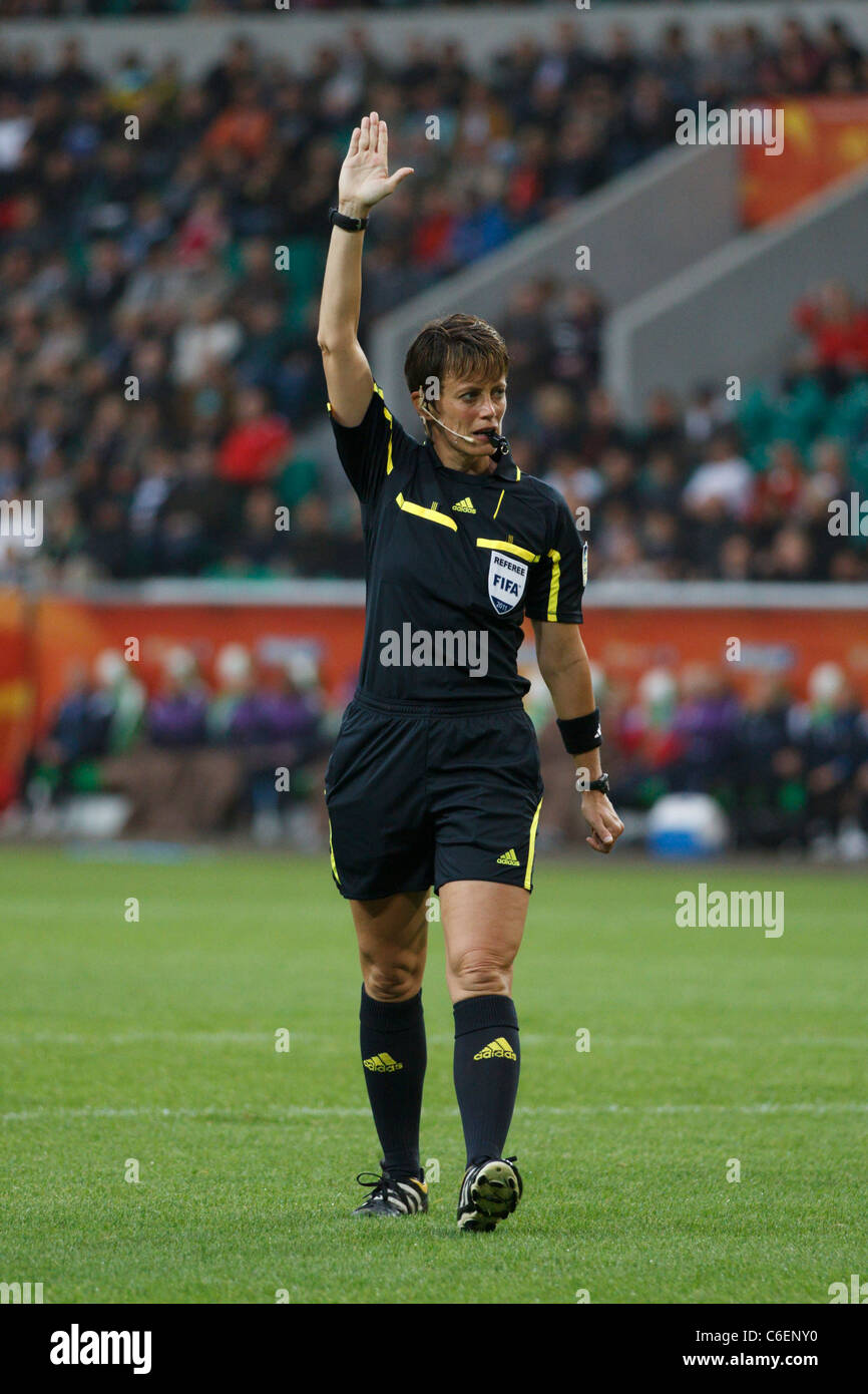 WOLFSBURG, GERMANY - JULY 3:  Referee Kari Seitz gestures for a free kick during a FIFA Women's World Cup Group D match between Brazil and Norway on July 3, 2011 at Arena Im Allerpark in Wolfsburg, Germany. Editorial use only. Commercial use prohibited. (Photograph by Jonathan Paul Larsen / Diadem Images) Stock Photo