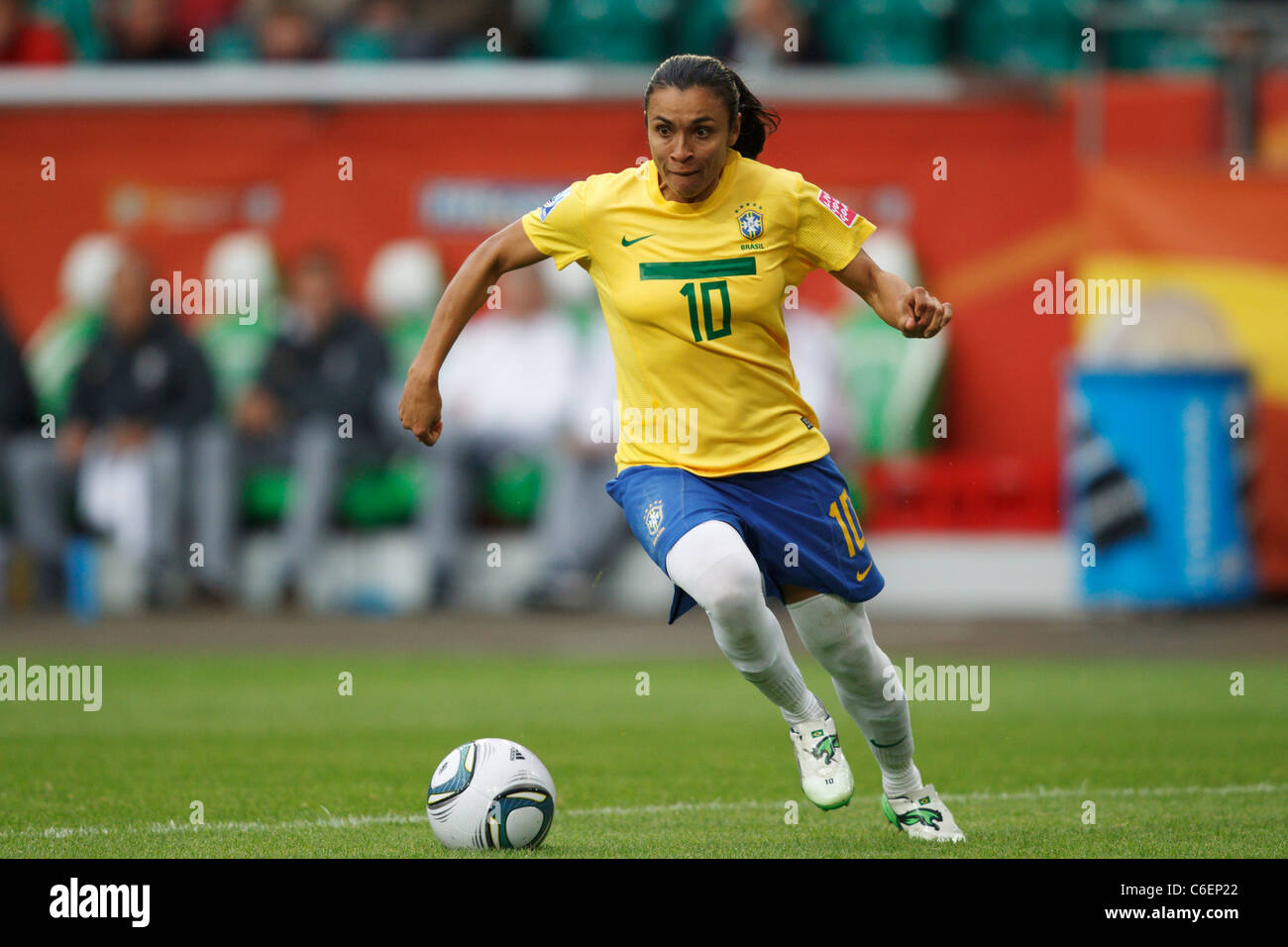 Marta of Brazil drives the ball during a FIFA Women's World Cup Group D match against Norway July 3, 2011. Stock Photo